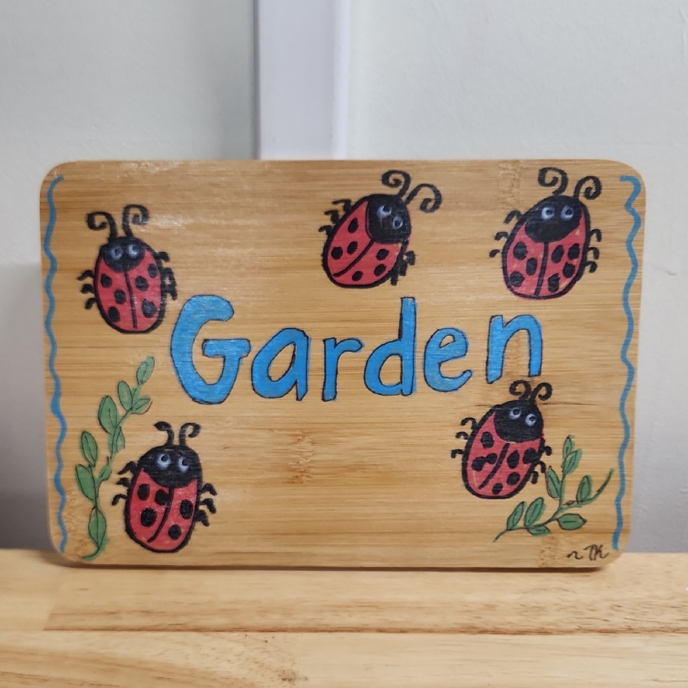 Ladybug Garden Sign 10 x 7 inch Acrylic On Wood Painting Personalized